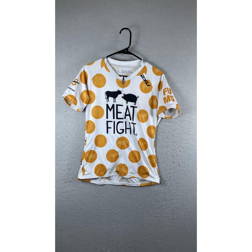 2XU Meat Fight Cycling‎ Jersey Womens Large White Polka Dot Full Zip Shirt Bike